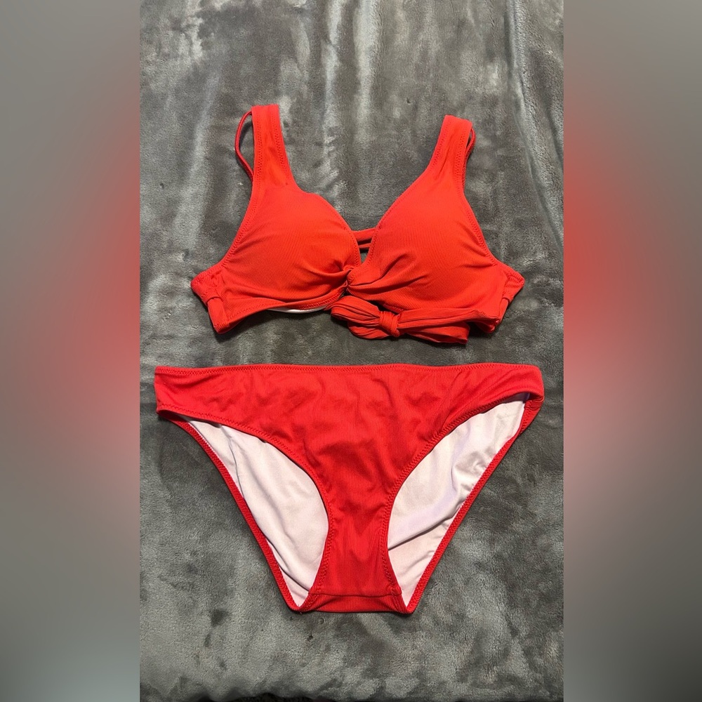 Shade & Shore Red Knot-Front Bikini Top and Bottom